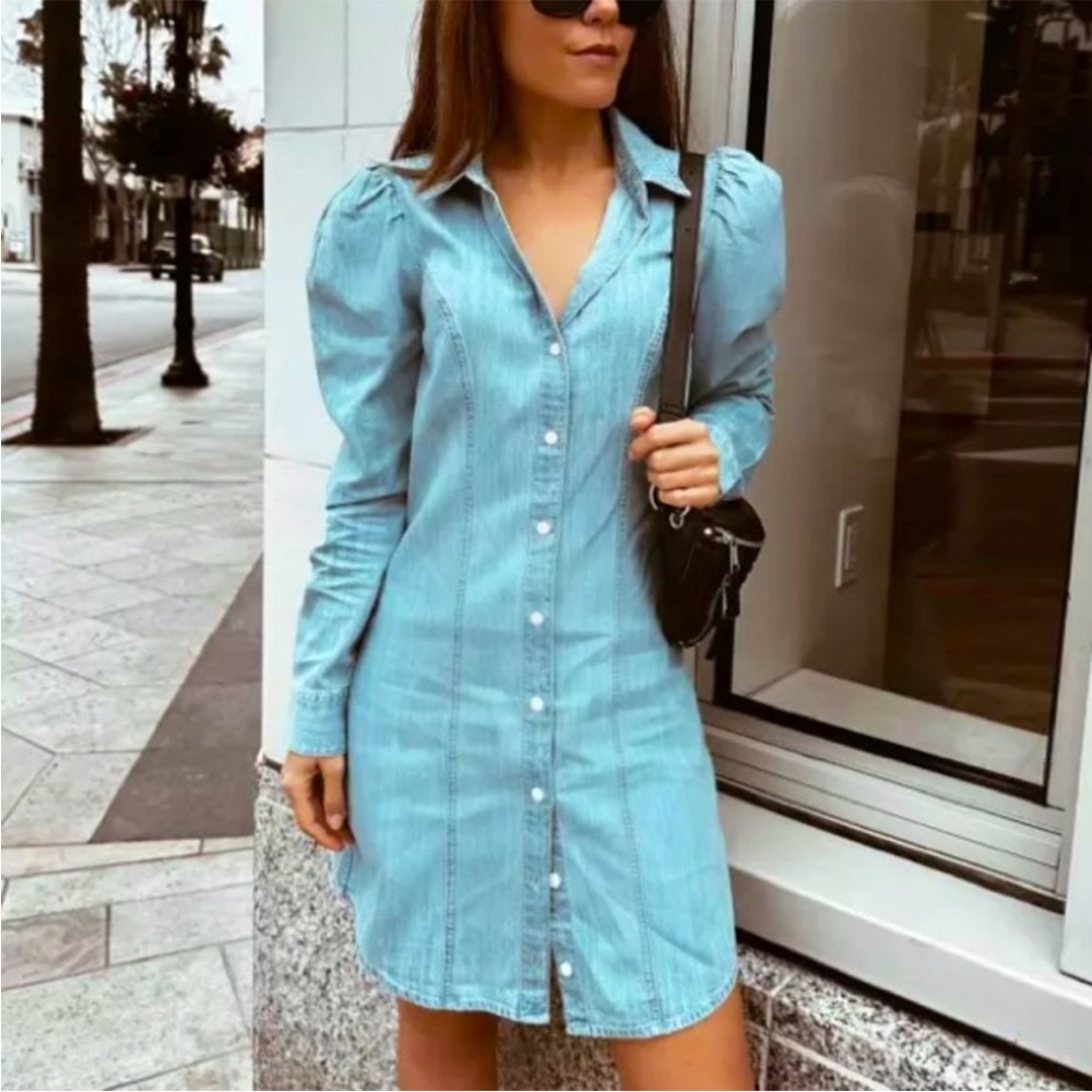 Express Denim Puff Sleeve western Button Front Mini Shirt Dress NWT